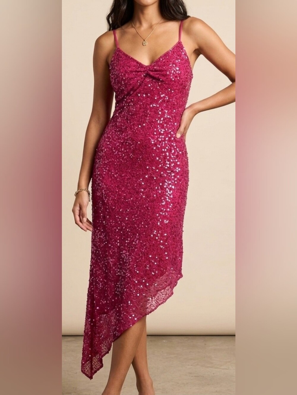 Scala Women’s Fuchsia/Red Hand Beaded Sequin Midi Dress - Elegant Evening Wear